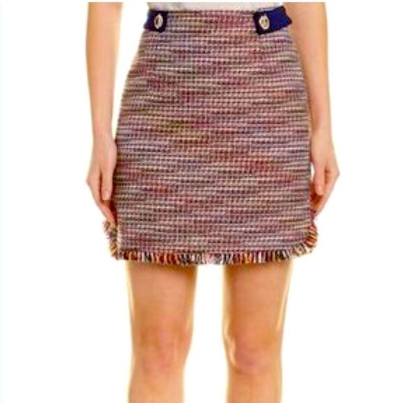 Laundry by Shelli Segal Navy Blue Colorful Woven Tweed Fringe Hem Mini Skirt - Picture 1 of 16